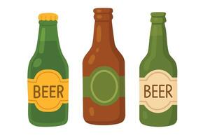 Three cartoon beer bottles in different shapes and label designs, perfect for festive design use. vector
