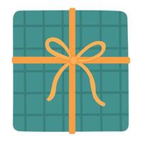 Square teal gift box with grid pattern and yellow ribbon, ideal for simple festive packaging. vector
