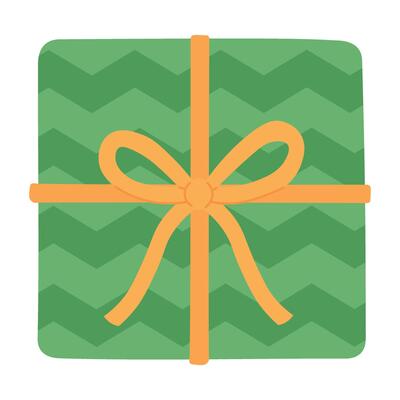 Square green gift box with zigzag pattern and yellow bow, perfect for celebration and fun designs.