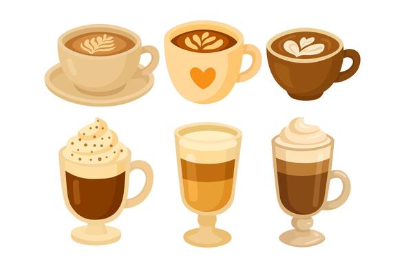 set of coffee drinks in cute cups and glasses, latte art and whipped cream, cozy flat style.
