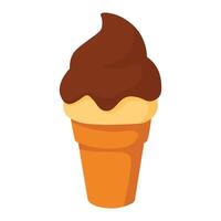 Soft serve ice cream with chocolate topping in a waffle cone. Sweet cartoon dessert. vector