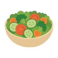 Bowl with salad of broccoli, cucumber, tomatoes and carrots on white background. vector
