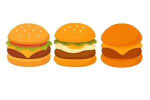 Flat cartoon set of three burgers with cheese, lettuce, tomato and egg in soft buns. vector