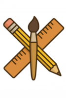 A pencil, paintbrush, and ruler arranged as an icon for education, design, creativity, back to school, and learning tools. png