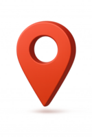 3D location pin with drop shadow, conveying a point of interest on a map. The vibrant red color stands out against the stark background. png