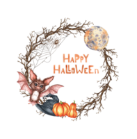 Bat, witch hat, pumpkins, spider web, moon and dry branches watercolor illustration. Hand drawn for Halloween with space for text. Isolated from background. Frame, wreath, template. png