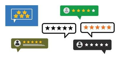 User Reviews and Ratings in Flat Design. Five star rating displayed in a speech bubble. User comment, Feedback, Review and rate. vector
