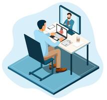 an online conference, highlighting how remote technology facilitates business teams' meetings and collaborative work. vector