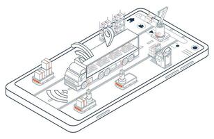 Self driving trucks, essentially advanced Automated Guided Vehicles AGVs, utilize autopilot systems to coordinate with robots for efficient cargo loading. vector