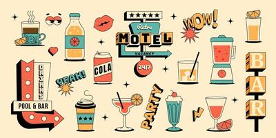 Retro bar and party themed elements, drinks, motel sign, neon signs and more. Fun design for nightlife, events or vintage illustrations. Flat set in 1950s style vector