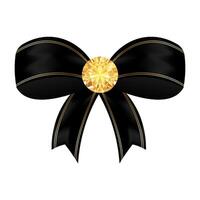 Black realistic bow with gemstone. Satin tied ribbon isolated on white background. element template for business card, banner, poster, notebook, invitation vector