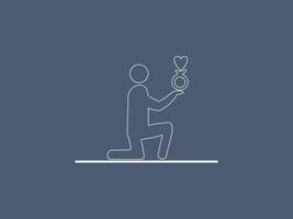 line drawing of a person on one knee, holding up a ring with a heart on top, set against a dark blue background vector