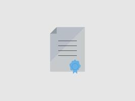 A flat icon depicting a sheet of paper with text lines and a light blue seal with a ruffled edge at the bottom right vector