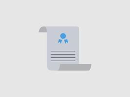 A simple flat icon of a curled document or scroll with lines of text and a blue medal or ribbon seal at the top vector
