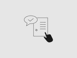 A black and white line icon showing a document with a pointing finger vector