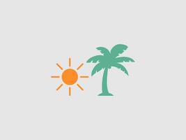 A solid orange sunburst icon with eight rays positioned to the left of a solid teal silhouette of a palm tree vector