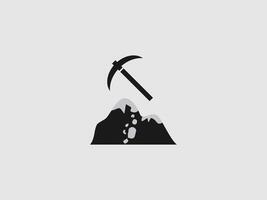 A simple black and white icon showing a pickaxe over a stylized pile of rocks or a small mountain vector
