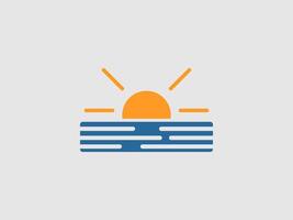 A stylized illustration of an orange sun setting over blue water with distinct wave patterns vector