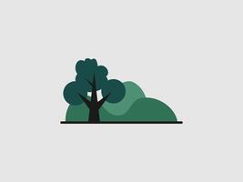 flat design illustration of a dark green tree in front of light green hills vector