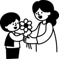 A student giving flower to his teacher, doodle style icon vector