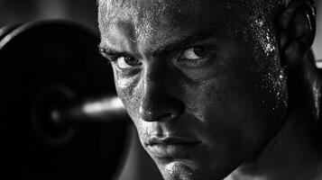 Man with sweat on his face is holding a dumbbell photo
