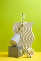 Minimalistic spring Still Life with Geometric podium Shapes and Blooming Twig on Green Background photo