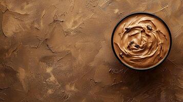 Delicious whipped coffee drink topped with cocoa and cinnamon on wooden table photo