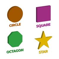 3D Geometric Shapes Illustration. Colorful 3D illustration featuring four basic geometric shapes - a brown circle, a purple square, a green octagon and a yellow star. vector