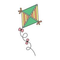 Colorful Kite with Tail. This image depicts a colorful kite in a cartoon style. The kite features a geometric design with triangular segments. vector