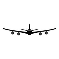 Silhouette of an Airplane in Flight. This is a black silhouette illustration of an airplane viewed from the front. The plane has four engines. vector