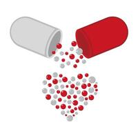 Capsule with Heart Shaped Granules Illustration. A illustration of an open red and gray capsule, with red and gray spherical granules spilling out and forming the shape of a heart below. vector