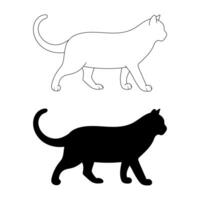 Walking Cat Silhouette and Outline Illustration. A clean and minimalistic illustration featuring two versions of a walking cat in profile view. vector