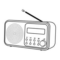 Retro Radio Illustration. This is a black and white line art illustration of a retro style radio. The radio features a circular speaker. vector