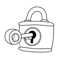 Lock and Key Outline Illustration. This is a black and white outline illustration of a traditional padlock paired with an inserted key. vector