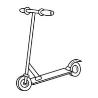 Kick Scooter Outline Illustration. The image is a black and white outline drawing of a kick scooter. The scooter features two wheels. vector
