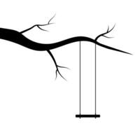 Tree Branch with Swing Silhouette Illustration. Minimalist black and white illustration featuring a bare tree branch with a simple wooden swing hanging from it. vector
