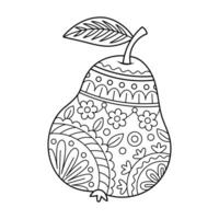 Ornamental Pear Outline Drawing. This is a black and white illustration of a pear, filled with intricate, ornamental patterns. vector