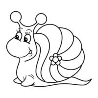 Cartoon Snail with Flower Shell. This is a black and white line drawing of a cute, cartoon style snail with a cheerful expression. vector