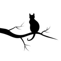 Cat Silhouette on a Tree Branch Illustration. This minimalist black and white illustration features a silhouette of a cat sitting gracefully on a tree branch. vector