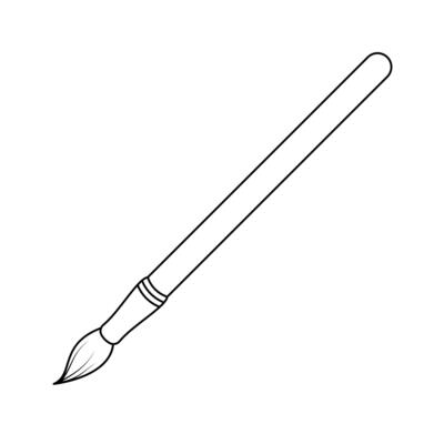 Paint Brush Outline Illustration. Black and white illustration of a traditional paint brush. A long, straight handle with a rounded tip and a smooth transition into the metal ferrule.