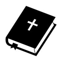 Bible Icon with White Cross Illustration. The book is depicted at an angle, featuring a white Christian cross on the front cover. A ribbon bookmark is visible at the bottom. vector