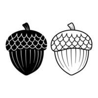 Acorn Outline Illustration. The acorn features a textured cap with a scalloped design resembling fish scales and a smooth nut with vertical grooves. vector