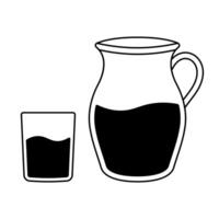 Pitcher and Glass with Liquid Silhouette. Black and white illustration featuring a large pitcher and a drinking glass, both partially filled with liquid. vector