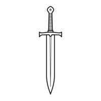 Sword Outline Illustration. A black and white illustration of a medieval style sword. The design features a long, pointed blade with a central ridge. vector