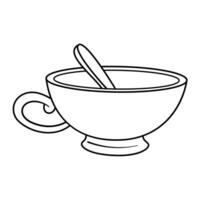 Cup with Spoon Outline Illustration. The cup features a curved handle and sits on a small base, while the spoon is positioned diagonally. vector