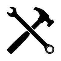Wrench and Hammer Icon. Black Silhouette of a wrench and a hammer crossed over each other, forming an X shape. vector