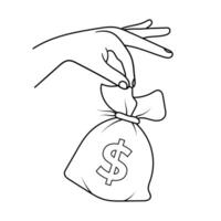 Hand Holding Money Bag with Dollar Sign Illustration. Black and white illustration of a hand delicately holding a tied money bag with a prominent dollar sign on the front. vector