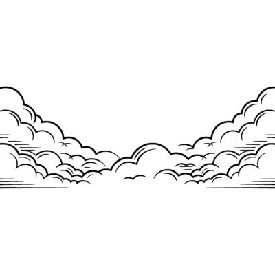 Comic Style Cloudscape Illustration Black Outline, White Background.