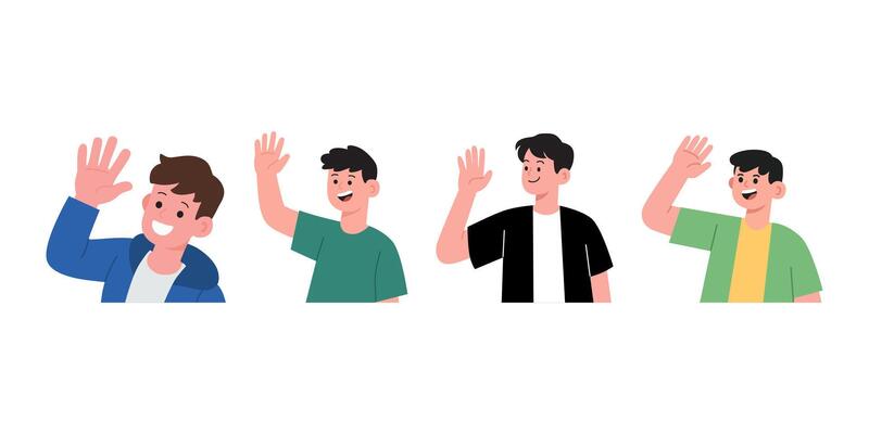 Four men waving their hands up in different poses