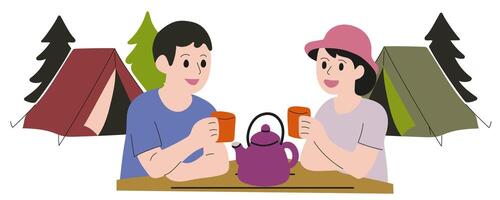 Couple of tourists are drinking hot tea at tourist table and talking happily against the background of forest trees and tents. White background, flat style, bright colors. vector
